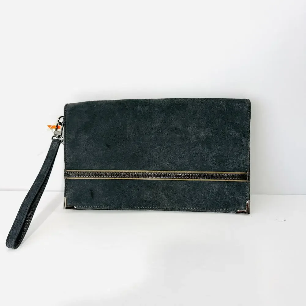 Black Suede Wristlet Clutch‎ Purse Interior Zip Minimalist Evening Bag